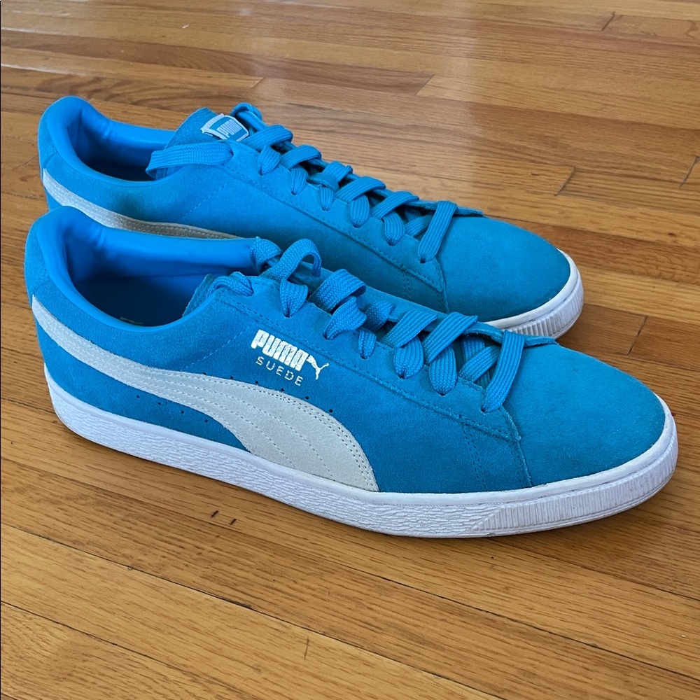 Puma Blue Teal Suede Sneakers with White Stripe